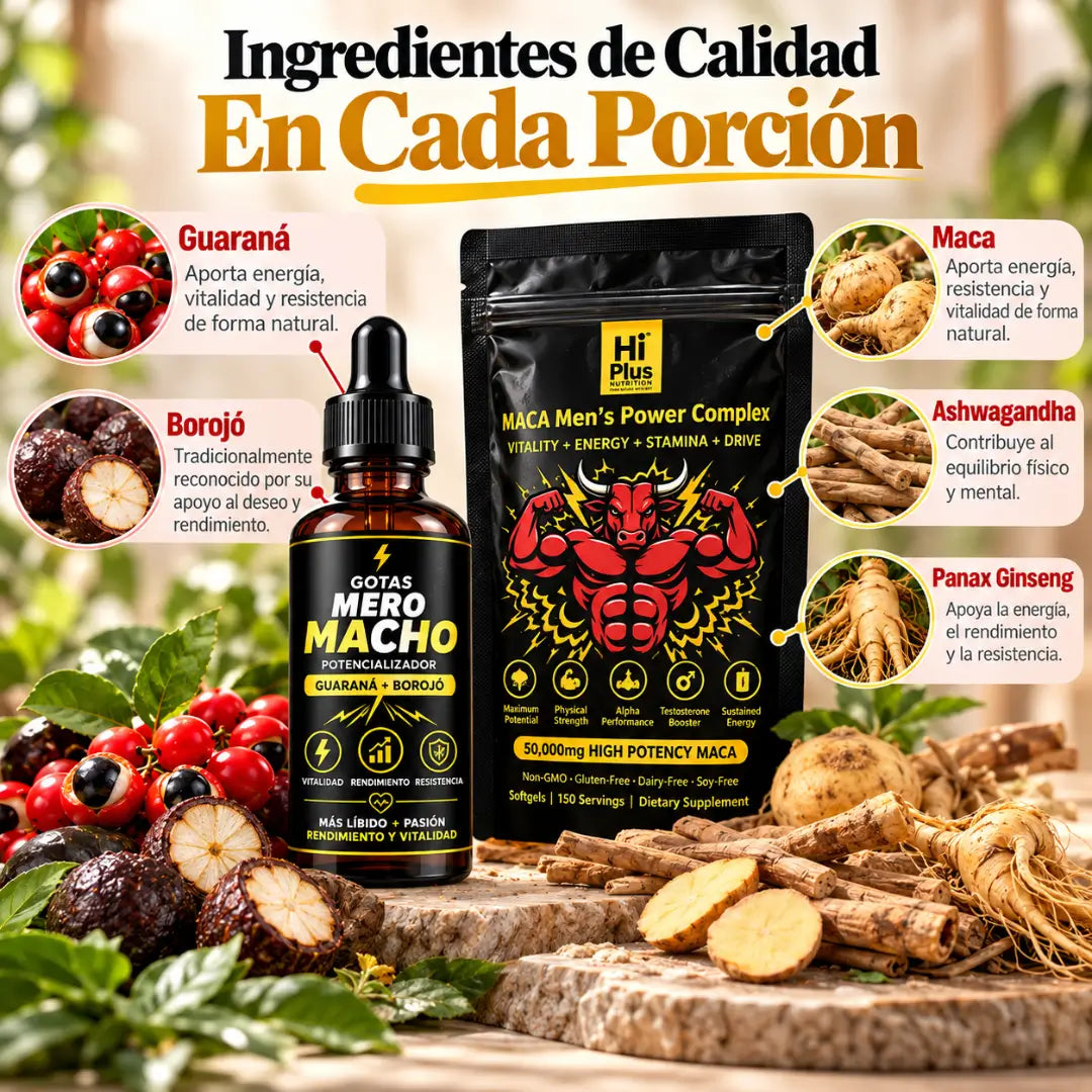 Hiplus Maca Men's Power Complex 150 cápsulas + Gotas Mero Macho