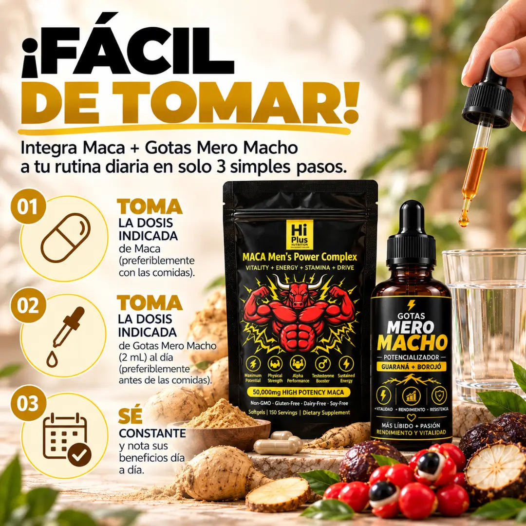 Hiplus Maca Men's Power Complex 150 cápsulas + Gotas Mero Macho