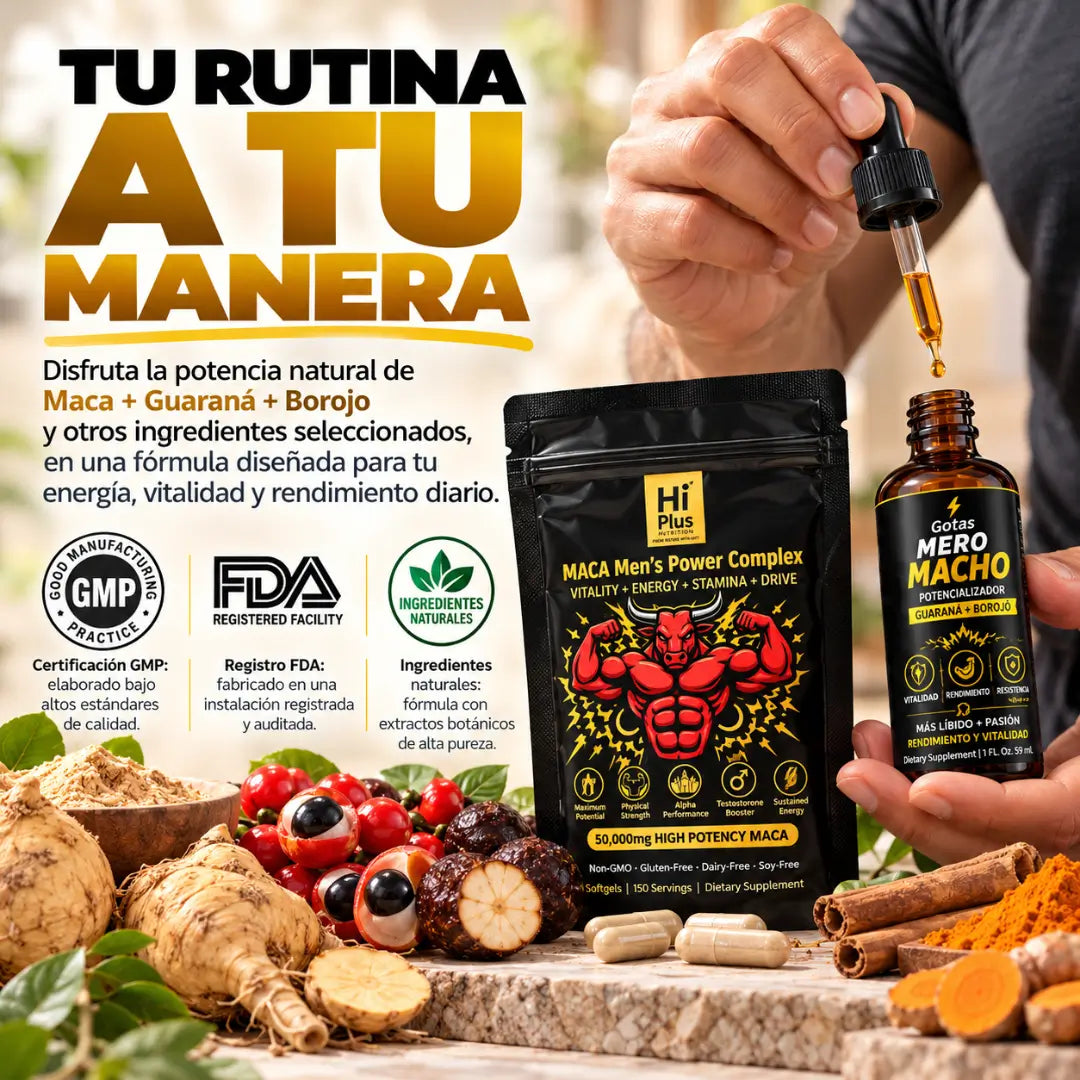 Hiplus Maca Men's Power Complex 150 cápsulas + Gotas Mero Macho